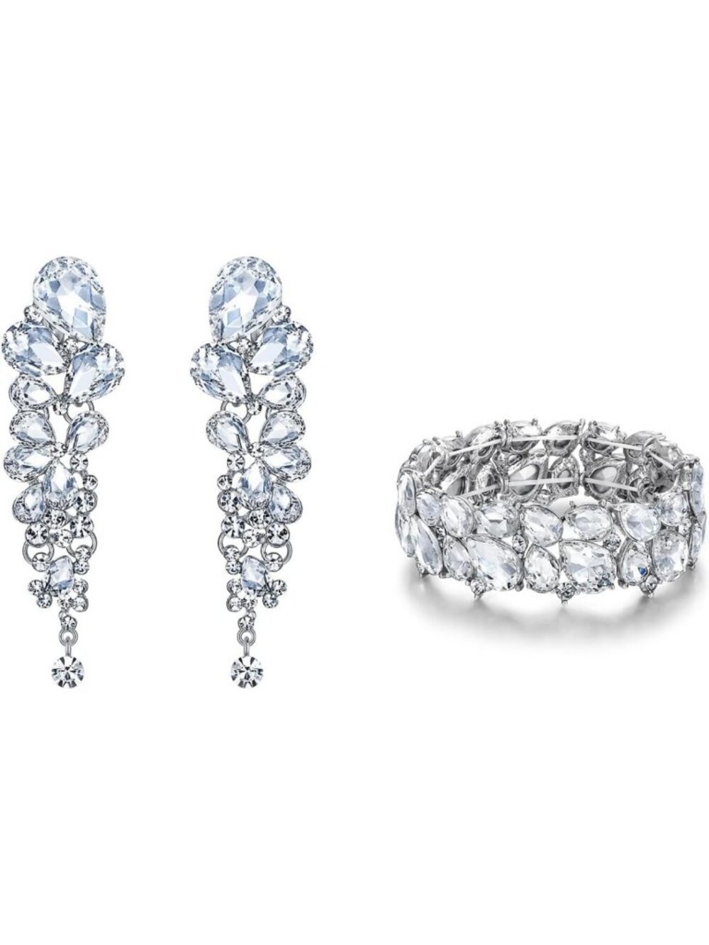 Gorgeous Tear Drop Clip-On Earrings & 2-Layer Stretch Bracelet Jewelry Set
